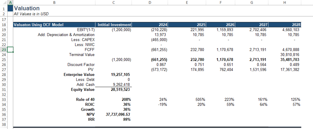 Valuation metrics and financial charts for a SaaS financial model, illustrating business worth and growth potential.