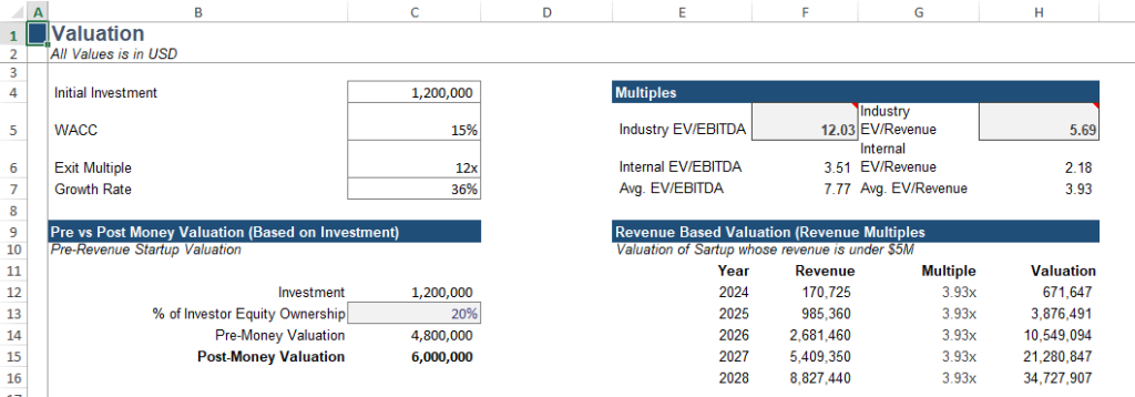 A structured SaaS financial valuation template with metrics like NPV, IRR, and revenue multiples displayed.