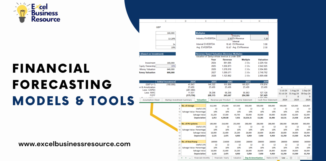 Illustration of a financial forecasting model with charts and graphs representing revenue projections and growth trends.