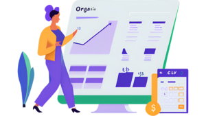 Illustration of a SaaS business dashboard showing metrics related to Customer Lifetime Value (CLTV), including graphs, charts, and customer data analytics.