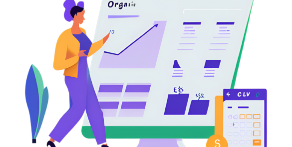 Illustration of a SaaS business dashboard showing metrics related to Customer Lifetime Value (CLTV), including graphs, charts, and customer data analytics.