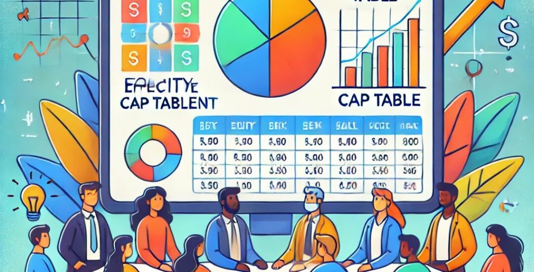 Illustration of a diverse startup team around a digital screen displaying a colorful equity pie chart and cap table. The background is blue and yellow, with icons representing growth and finance, emphasizing effective equity management for startups