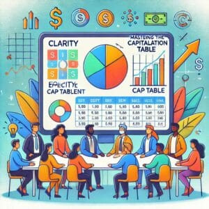 Illustration of a diverse startup team around a digital screen displaying a colorful equity pie chart and cap table. The background is blue and yellow, with icons representing growth and finance, emphasizing effective equity management for startups