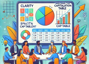 Illustration of a diverse startup team around a digital screen displaying a colorful equity pie chart and cap table. The background is blue and yellow, with icons representing growth and finance, emphasizing effective equity management for startups