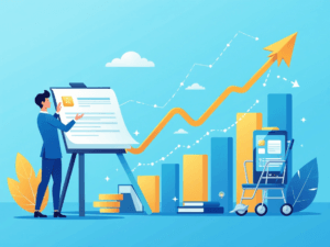 Illustration of a business professional presenting financial growth charts, symbolizing EdTech startup costs, timeline to profitability, and expected earnings.