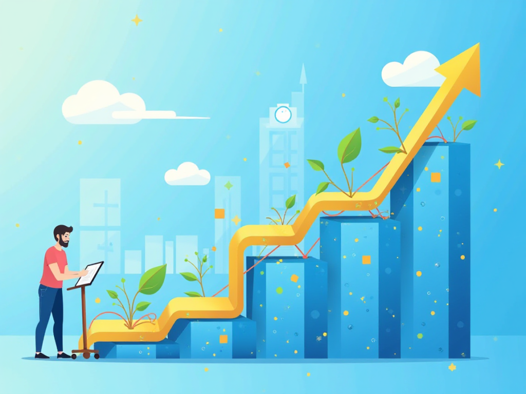 Illustration of a man analyzing a growing bar graph with plants sprouting from the bars, symbolizing the growth and investment in an EdTech startup.