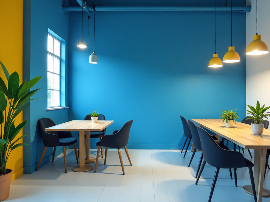 Bright and modern coworking space interior with blue and yellow walls, wooden tables, and comfortable chairs, reflecting startup costs and profitability potential.