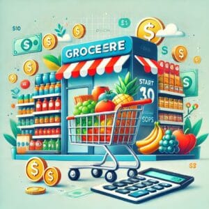 Illustration of a grocery store with a cart full of produce, dollar symbols, and a calculator, emphasizing startup costs.