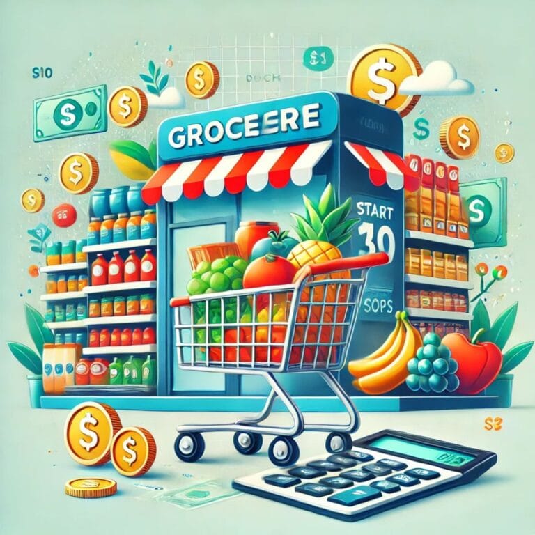 Illustration of a grocery store with a cart full of produce, dollar symbols, and a calculator, emphasizing startup costs.