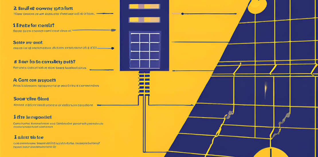 Illustration of solar panels in operation with financial graphs representing costs and profitability timeline for building a solar power plant.