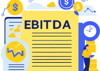 Illustration highlighting the importance of EBITDA in startup valuation, featuring a financial graph, a startup building, and key metrics such as revenue, operating expenses, and cash flow.