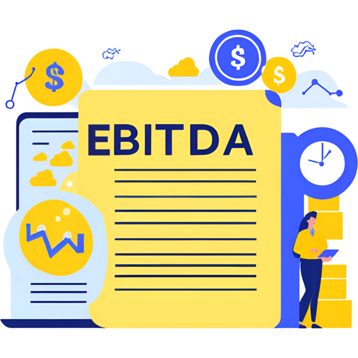 Illustration highlighting the importance of EBITDA in startup valuation, featuring a financial graph, a startup building, and key metrics such as revenue, operating expenses, and cash flow.