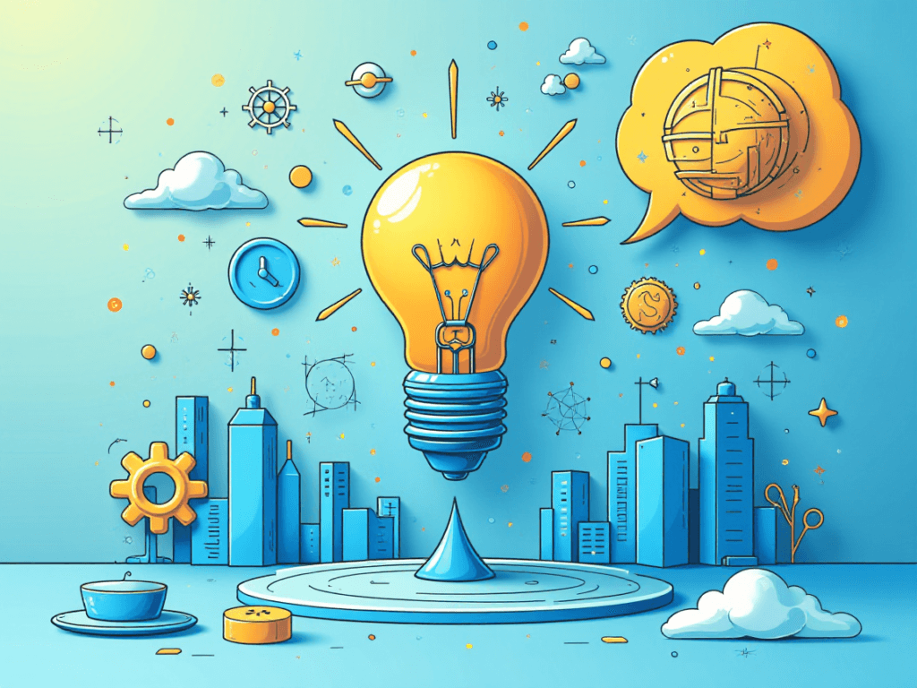 A creative illustration of a glowing light bulb surrounded by cityscape elements, gears, clouds, and abstract icons, symbolizing innovative business planning.