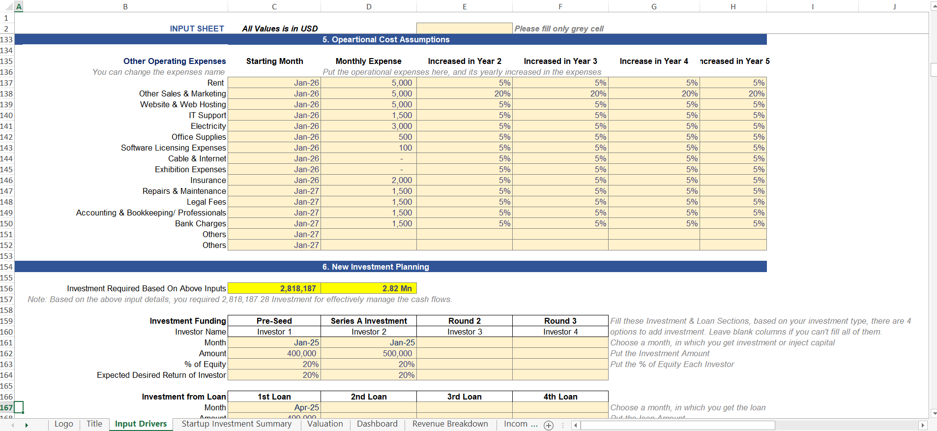 Financial assumptions for Padel club
