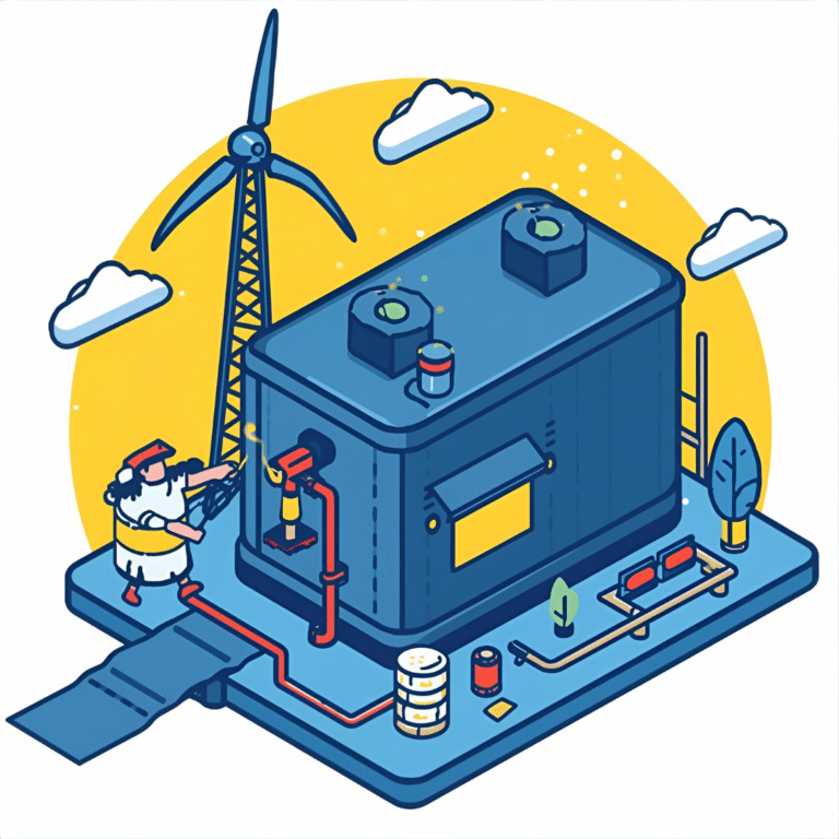 Battery Energy Storage System (BESS) illustration with wind turbine, showing **installation cost**, **profitability**, and **utility-scale** power infrastructure.