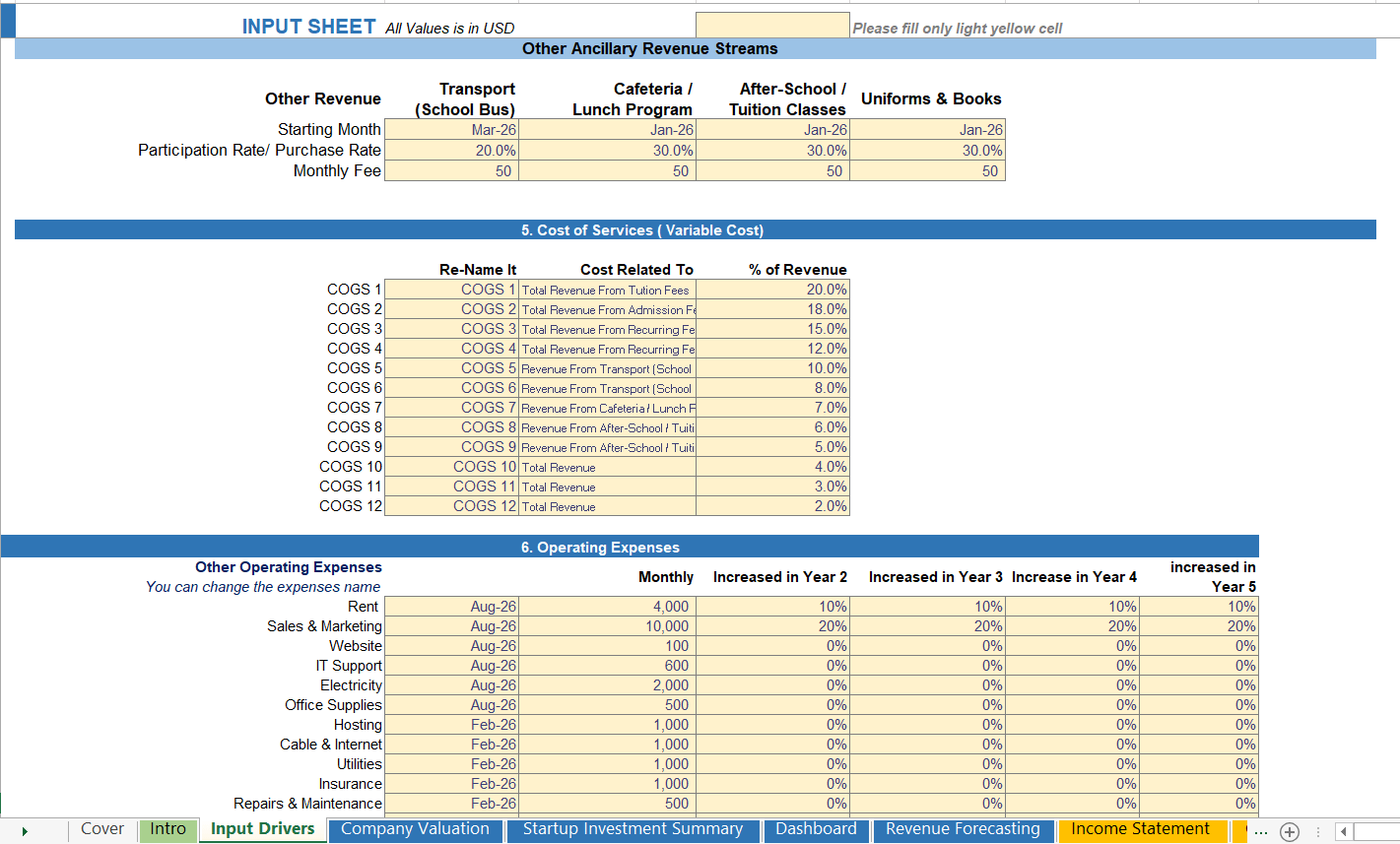 Financial assumptions sheet of a Private School Financial business outlining fees, enrollment, and expenses.