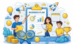 Cartoon illustration of padel club business planning with rackets and growth icons in blue and yellow