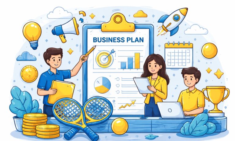 Cartoon illustration of padel club business planning with rackets and growth icons in blue and yellow