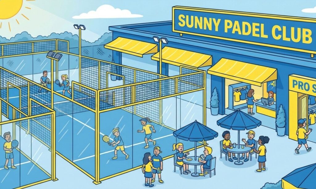 Cartoon illustration of an active padel club with courts, players, and social area