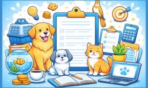 Cartoon-style illustration of pet care business planning with dogs, cat, bird, and fish surrounding a clipboard and office tools in blue and yellow colors
