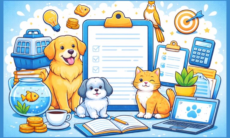 Cartoon-style illustration of pet care business planning with dogs, cat, bird, and fish surrounding a clipboard and office tools in blue and yellow colors