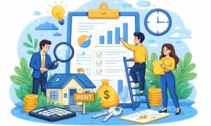 Cartoon illustration of rental property business planning and real estate investment in blue and yellow theme.