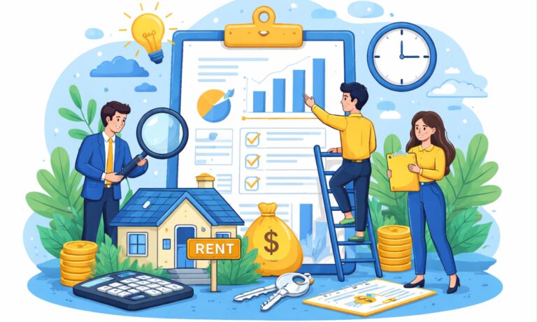 Cartoon illustration of rental property business planning and real estate investment in blue and yellow theme.