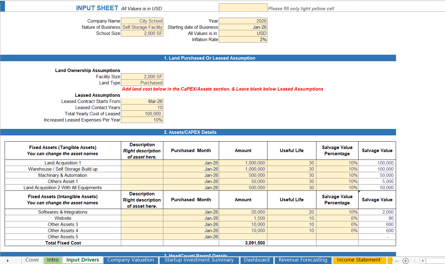 Input drivers sheet of a Private School Financial Model showing enrollment, fees, and cost assumptions.
