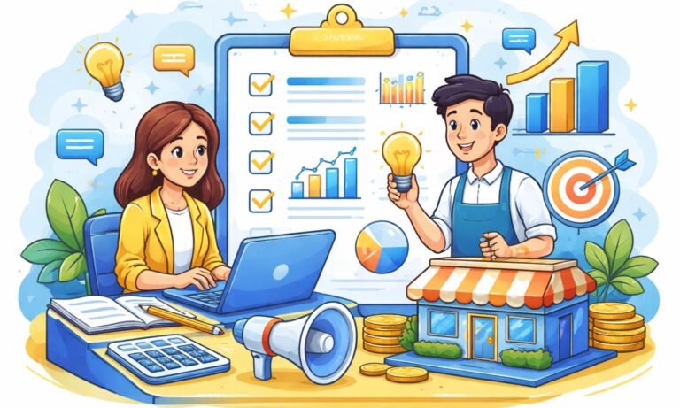 Cartoon illustration of restaurant business planning with charts, finances, and a small restaurant setup in blue and yellow theme