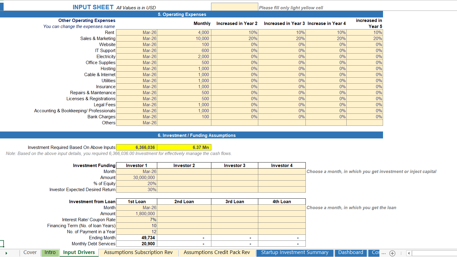 AI startup operational expense forecast and investment funding assumptions dashboard in Excel for Gen AI and Agentic AI ventures.