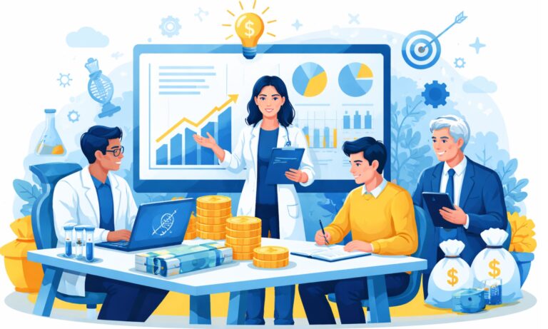 Biotech startup team analyzing financial model for investor funding