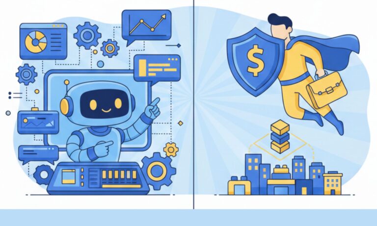 A split cartoon illustration in blue and yellow showing a robot managing data dashboards (representing FP&A) alongside a superhero carrying a briefcase and shield (representing a Fractional CFO) over a city skyline.