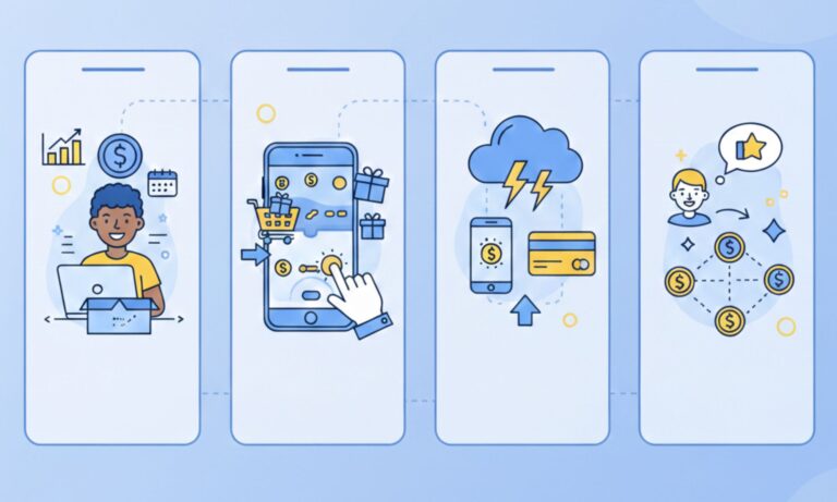 A rectangular cartoon illustration in blue and yellow showing four mobile screens representing B2C SaaS revenue drivers: subscription management, in-app purchases, premium feature upgrades, and referral networks.