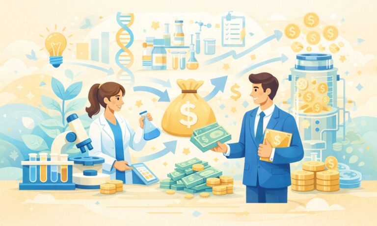 Cartoon showing biotech startup revenue from lab to cash, in yellow and blue tones.