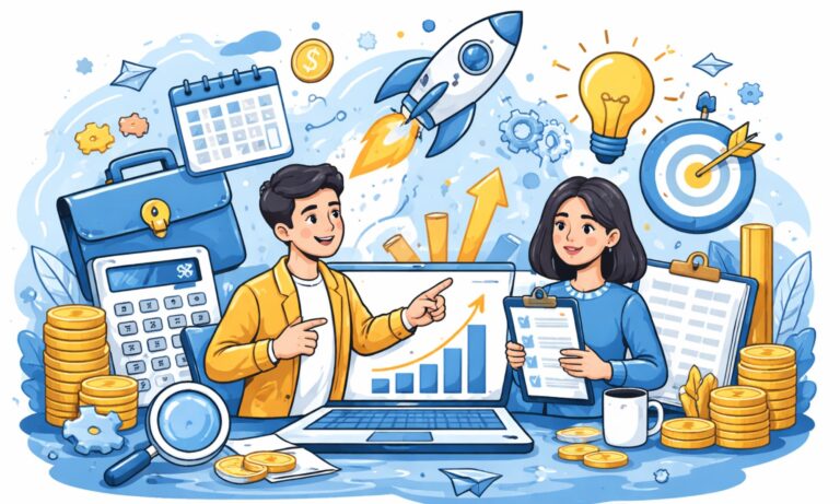 Cartoon illustration showing FP&A driving startup growth through financial planning and analysis