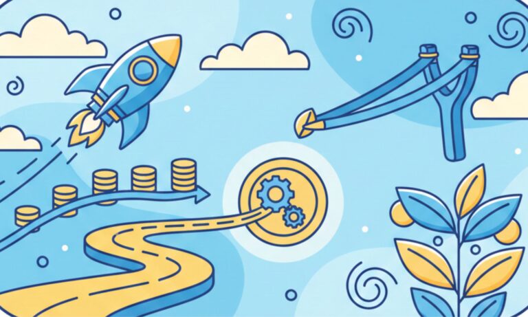 A strategic cartoon illustration of a startup runway extending into a launchpad, balancing coin stacks and a rising rocket to represent sustainable growth and capital efficiency.