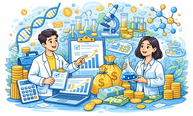 Cartoon illustration showing biotech startup costs, lab setup, funding, and financial planning in blue and yellow theme