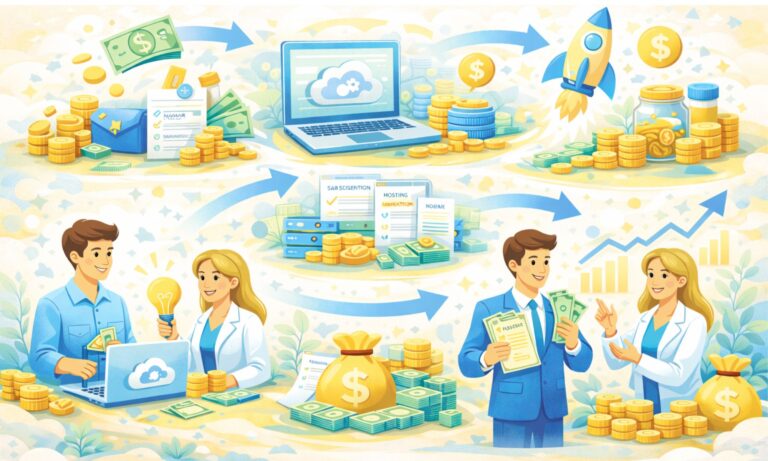 Cartoon illustration showing B2C SaaS startup costs, growth stages, and profitability using yellow and blue visuals.