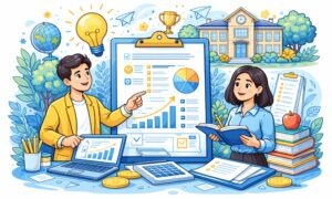 Cartoon illustration of private school planning with educators, documents, and school building in blue and yellow theme