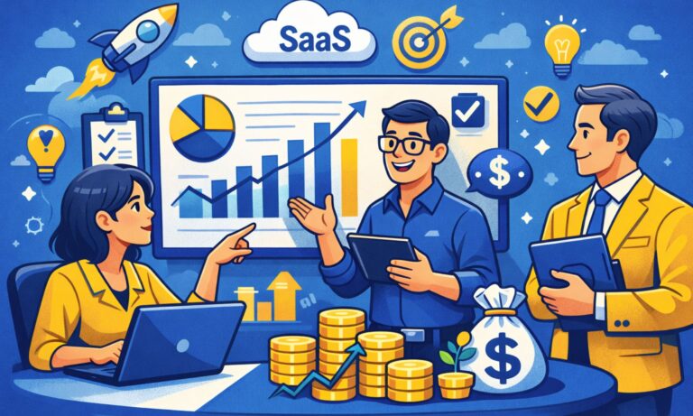 Cartoon illustration of SaaS startup team analyzing KPIs with charts in a blue and yellow office setting