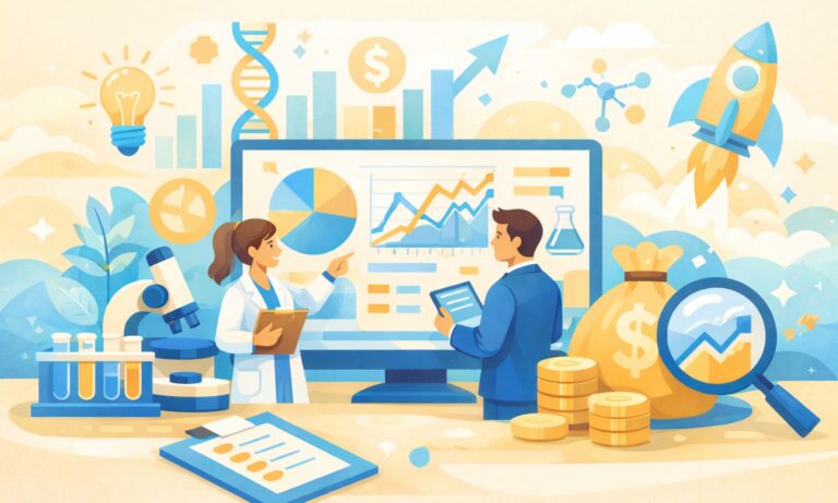Cartoon-style illustration of biotech startup KPIs, showing scientists analyzing data, lab equipment, graphs, and growth icons in warm yellow and blue tones.