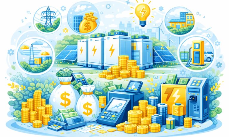 Cartoon illustration showing key revenue drivers of a BESS business with battery storage and energy systems