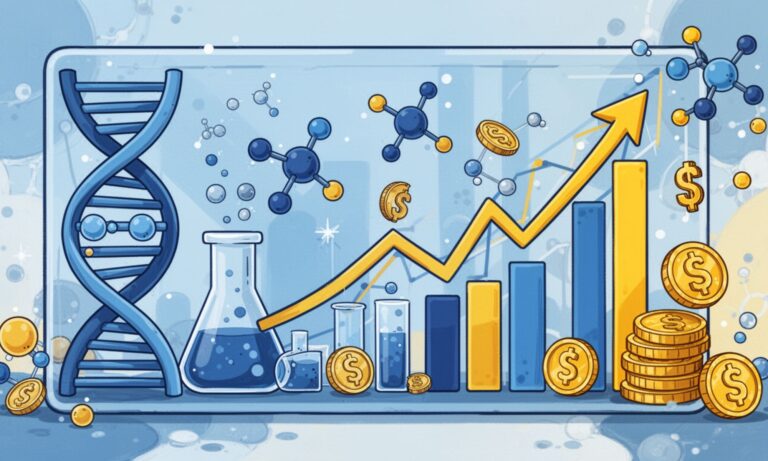 Illustration showing biotech startup profitability with lab equipment, DNA, financial growth chart, and revenue symbols in blue and yellow