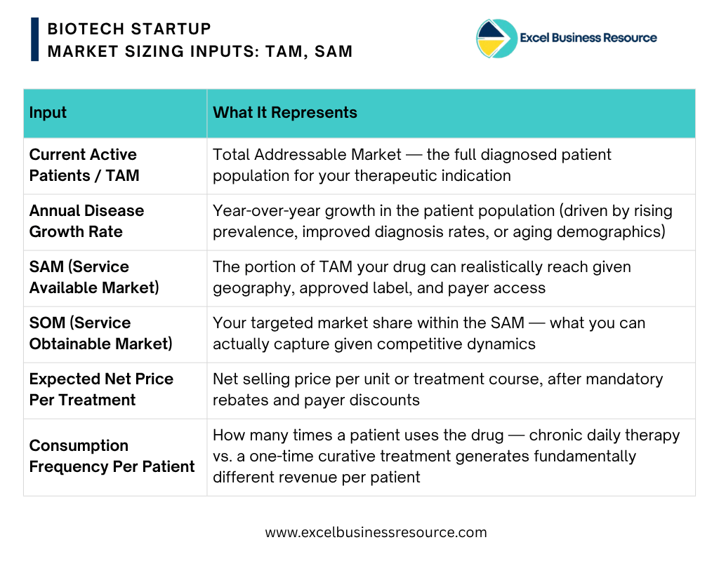 Biotech market sizing inputs with TAM and SAM analysis chart