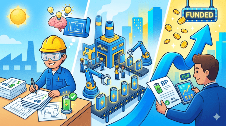 A three-panel cartoon illustration showing a founder planning a battery factory, an automated assembly line producing batteries, and an investor approving a business plan with rising financial charts, using a blue and yellow color palette.
