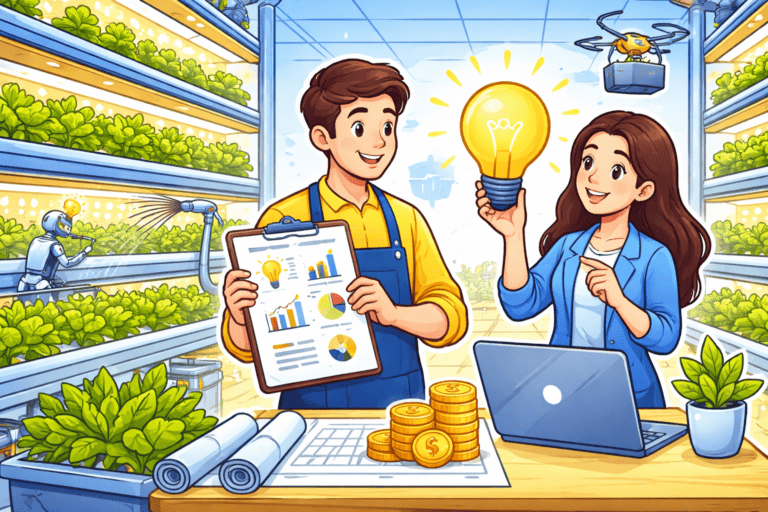 cartoon vertical farming business plan illustration with hydroponic shelves, entrepreneurs planning startup, smart agriculture concept in blue and yellow
