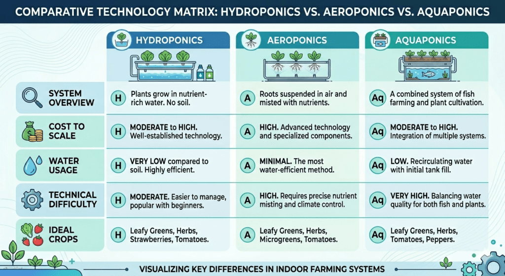 infographic comparing hydroponics vs aeroponics vs aquaponics systems including cost, water usage, technical difficulty, and ideal crops for vertical farming