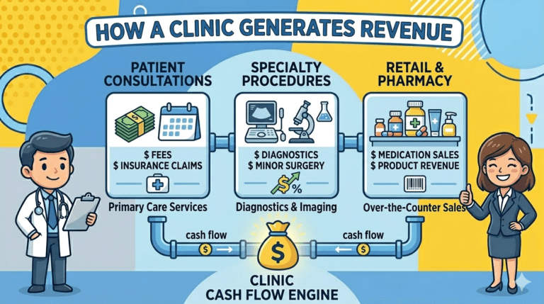 Medical clinic revenue drivers and income streams illustration