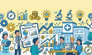 Cartoon medical clinic business plan with doctors, charts, and financial growth icons.