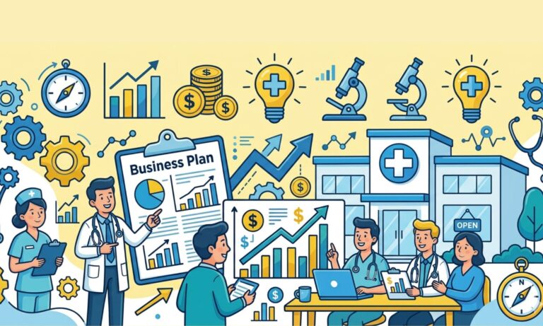 Cartoon medical clinic business plan with doctors, charts, and financial growth icons.